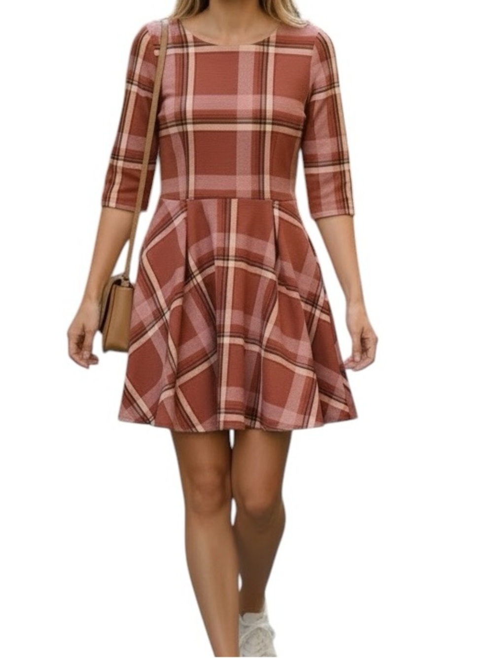 Copper Key Rust & Pink Plaid A-line Mini Dress